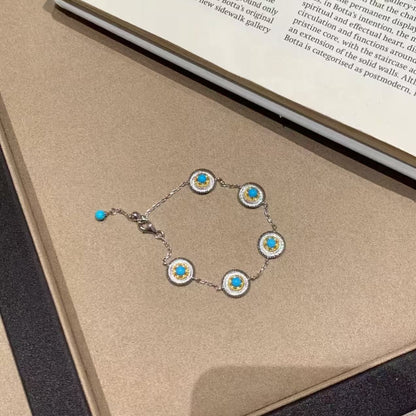 Vintage Brushed Craft Blue Turquoise Daisy Necklace Bracelet Set High-end Unique Personality Design