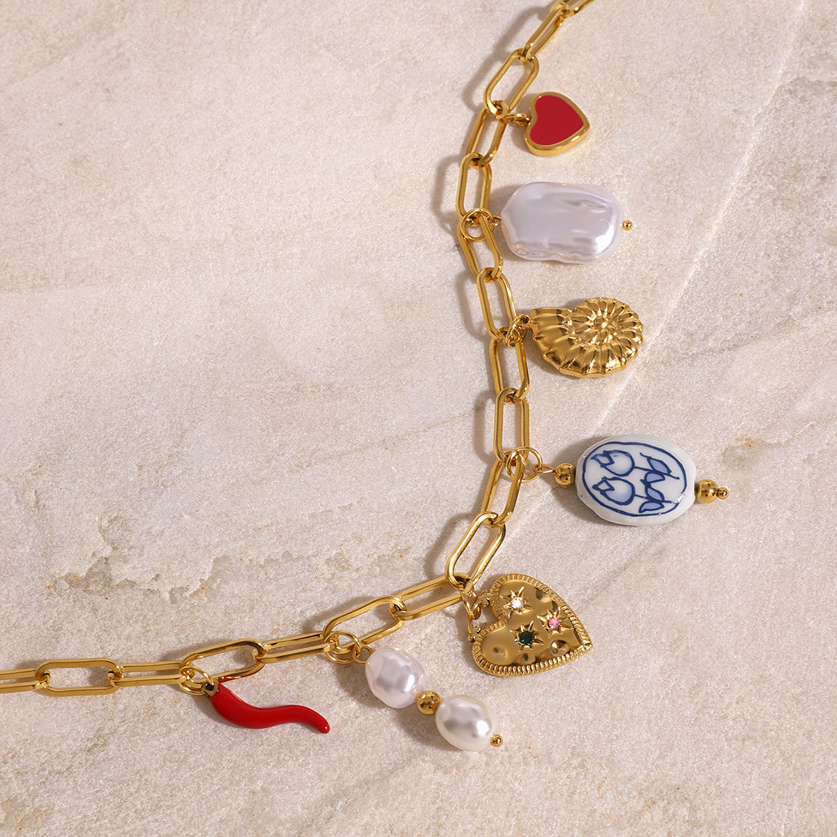 Stainless Steel Pearl Heart Conch Pendant Necklace Vacation Style Ocean Neck Jewelry Export Ins Style Accessories for Women