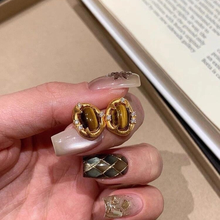 Vintage Style Brushed Craft Tiger Eye Stone Earrings Exquisite Versatile Fashionable Elegant Earrings Light Luxury High-end Feel