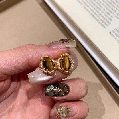 Vintage Style Brushed Craft Tiger Eye Stone Earrings Exquisite Versatile Fashionable Elegant Earrings Light Luxury High-end Feel