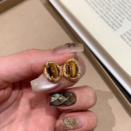 Vintage Style Brushed Craft Tiger Eye Stone Earrings Exquisite Versatile Fashionable Elegant Earrings Light Luxury High-end Feel