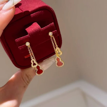 New Chinese Style Red Agate Double Gourd Tassel Earrings Exquisite High-end Sense Elegant Fashion Versatile Fortune Hollow Earrings