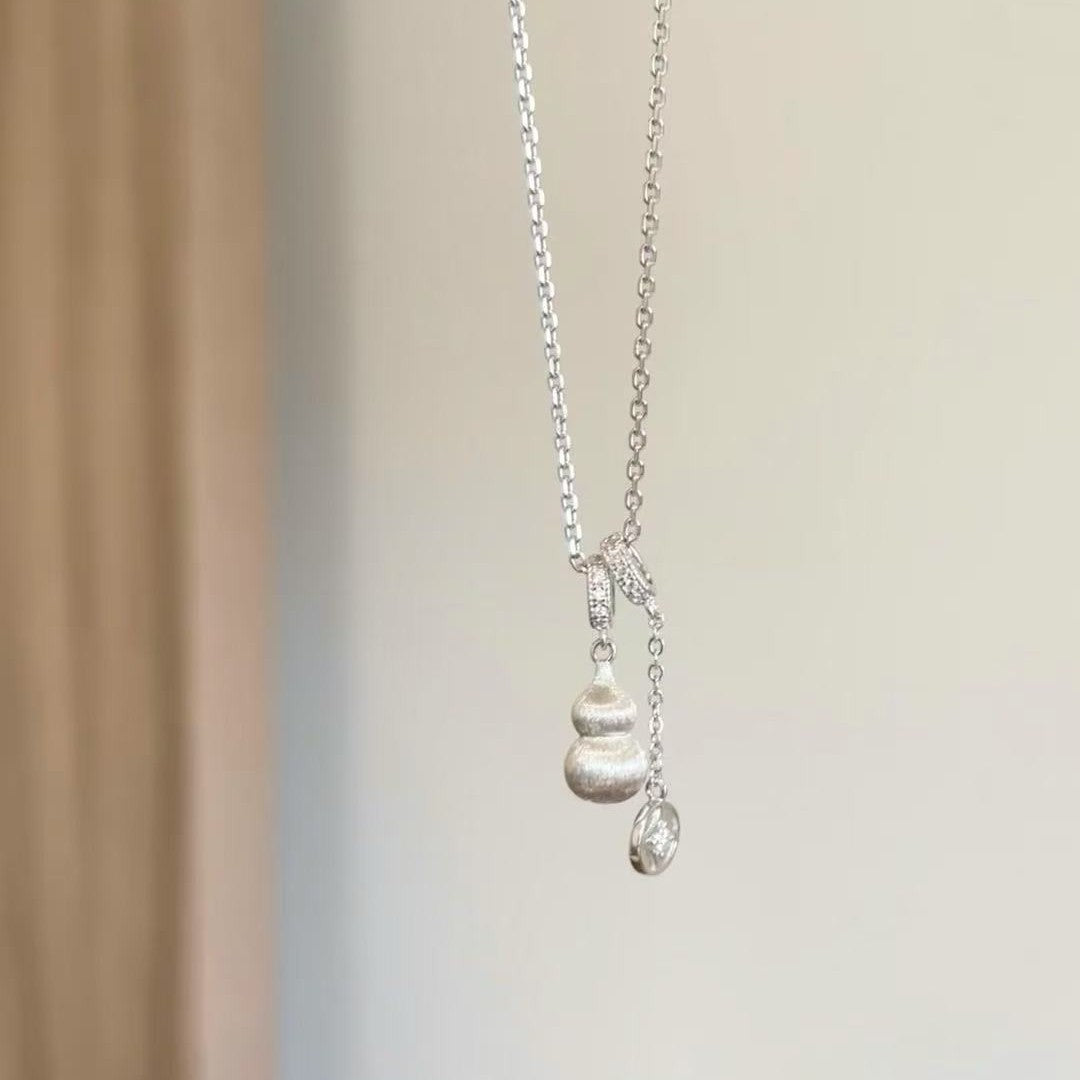 Pure Silver S925 Brushed Craft Gourd Fortune Gold Coin Necklace Exquisite Light Luxury High-end Niche Collarbone Chain