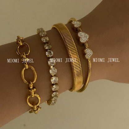 Stackable Bracelet Set Combination Stainless Steel Exquisite Diamond-Encrusted Wide Strap Mesh Chain Heart Bracelet Versatile Set