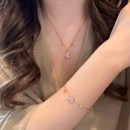 New Dreamy Romantic Pink Gemstone Gourd Necklace Versatile Full Diamond Gourd Bracelet