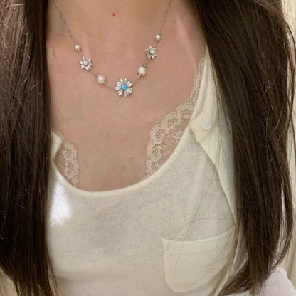 Pure Silver S925 Brushed Craft Small Daisy Pearl Necklace Light Luxury High-end Niche Versatile Collarbone Chain