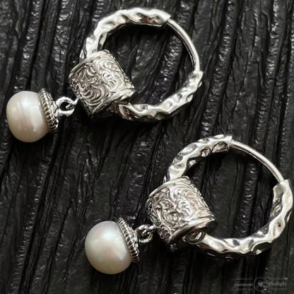 Korean Style Pure Silver S925Pearl Tang Grass Pattern Road Earrings Studs for Women Simple Fashion Trendy Personality