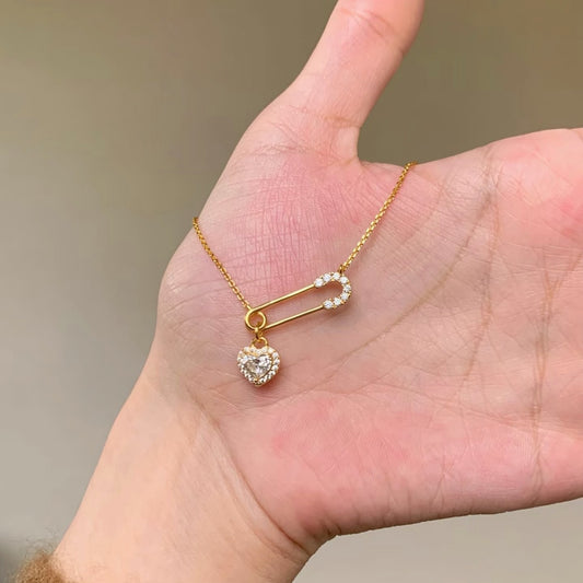 Pure Silver S925 Pin Heart Necklace Pin Necklace Ins Niche Personality Temperament Light Luxury Versatile Collarbone Chain