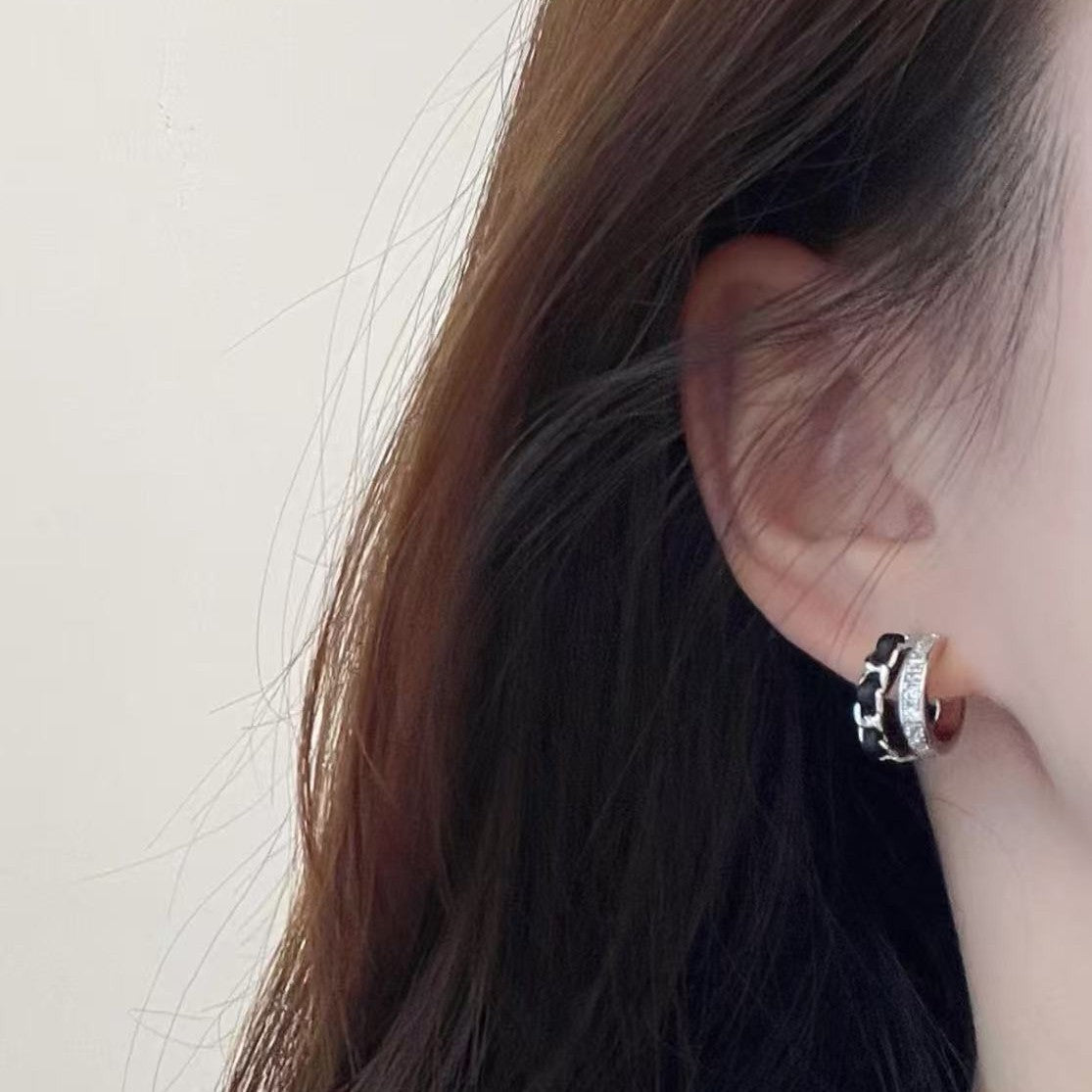 Black Gold Braided Earrings Double Layer Micro Inlaid 925 Silver Needle Earrings Fashion OL Temperament Earrings Niche High-end Feel