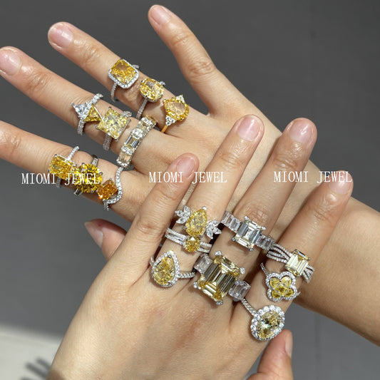 Cross-Border Hot S925 Sterling Silver Yellow Diamond Ring Female Noble Super Flash Ice Flower Cut High Carbon Diamond 8A Zircon Ring