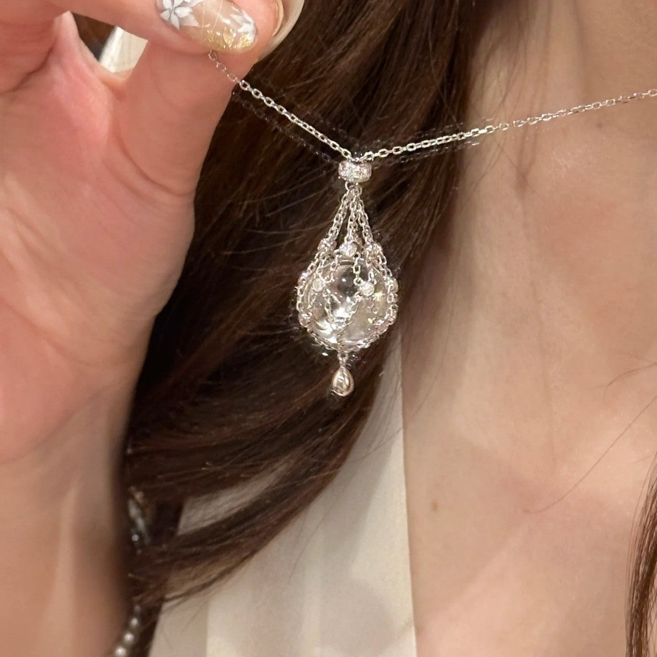 S925 Silver Net Pocket Double A White Crystal Necklace Sweater Chain Vintage Fashion Light Luxury Lady Style Sweater Chain Adjustable Chain