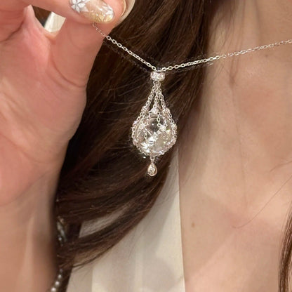 S925 Silver Net Pocket Double A White Crystal Necklace Sweater Chain Vintage Fashion Light Luxury Lady Style Sweater Chain Adjustable Chain