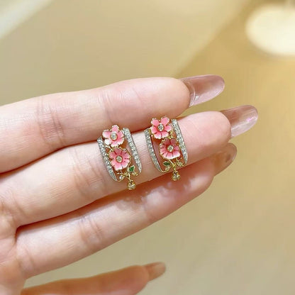 Pure Silver S925 New Chinese Style Ethnic National Style Enamel Craft Earrings with Sparkling Diamonds and Oil Drip Exquisite Light Luxury Niche Earrings