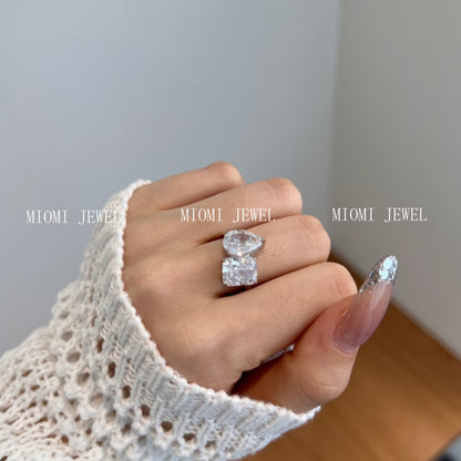 S925 Sterling Silver Double Main Stone Ice Flower Cut Ring for Women Inlaid with High Carbon Diamond Zircon European and American High-end Fashion Wedding Ring