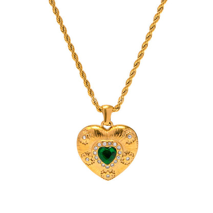18K Gold Stainless Steel Zircon Necklace Vintage Heart Pendant Titanium Steel Non-Fading Jewelry for Women