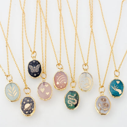 Handmade Natural Stone Gemstone Necklace Butterfly Star Moon Heart Snake Flower Planet Collarbone Chain Color Retention