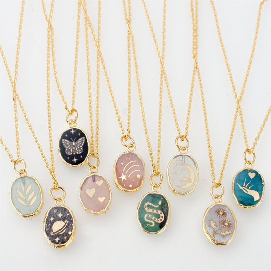 Handmade Natural Stone Gemstone Necklace Butterfly Star Moon Heart Snake Flower Planet Collarbone Chain Color Retention