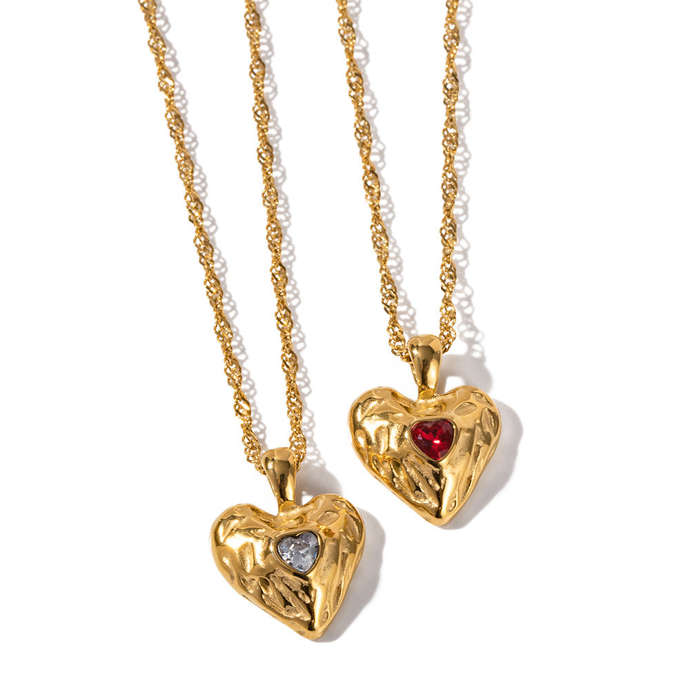 INS Style New Titanium Steel Necklace 18k Gold Stainless Steel Heart Hammer Pattern Zircon Inlaid Pendant Necklace Women's Jewelry