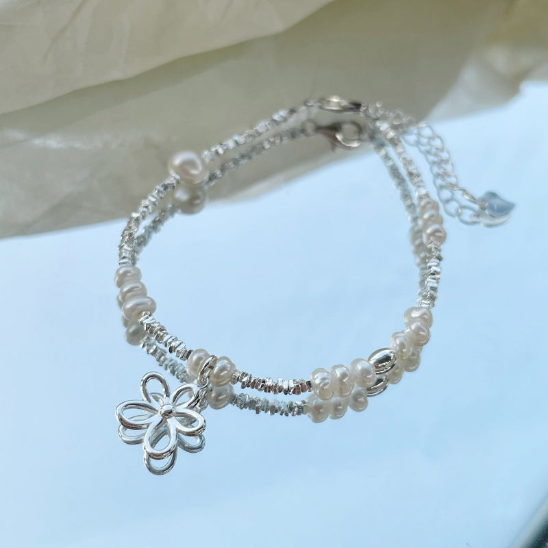 925 Silver Sweet Delicate Hollow Flower Silver Fragment Freshwater Pearl Bracelet for Women Simple Niche Elegant Bangle