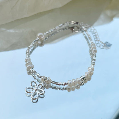 925 Silver Sweet Delicate Hollow Flower Silver Fragment Freshwater Pearl Bracelet for Women Simple Niche Elegant Bangle