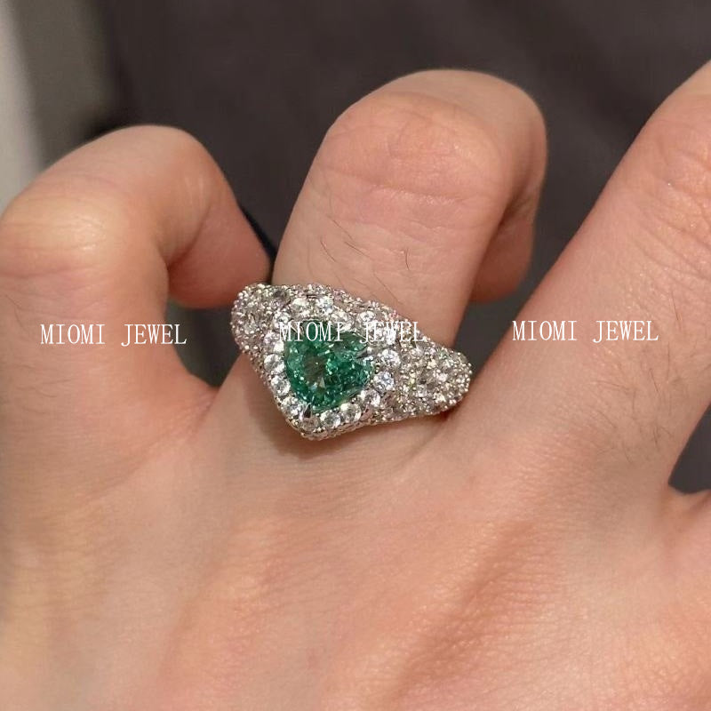 S925 Sterling Silver North Island Lovers Vintage Paraiba Heart Full Diamond Ring Antique Style Peach Heart Gemstone Diamond Ring