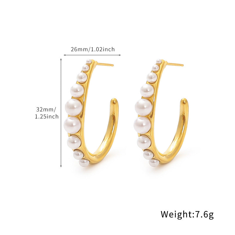 18k Gold Inlaid Pearl Circle Earrings Light Luxury High-end Feel Non-fading Titanium Steel Water Drop C-shaped Ear Jewelry