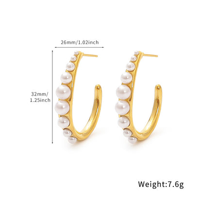 18k Gold Inlaid Pearl Circle Earrings Light Luxury High-end Feel Non-fading Titanium Steel Water Drop C-shaped Ear Jewelry