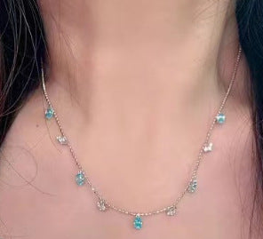 Pure Silver S925 Light Luxury Paraiba Zircon Geometric Water Drop Necklace Simple Trendy Collarbone Chain Fashionable High-end Feel