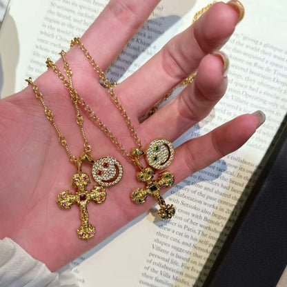 Pure Silver S925 Super Shiny Cross Iris Flower Smiley Face Necklace Trendy Brand Retro Light Luxury Niche Personality Versatile Neck Chain