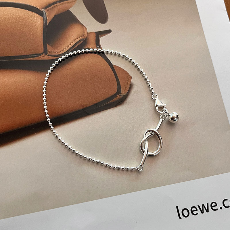 S925Sterling Silver Round Bead Chain Knotted Bracelet for Women, Elegant Minimalist Style, Unique Design, Simple and Luxurious Wristband
