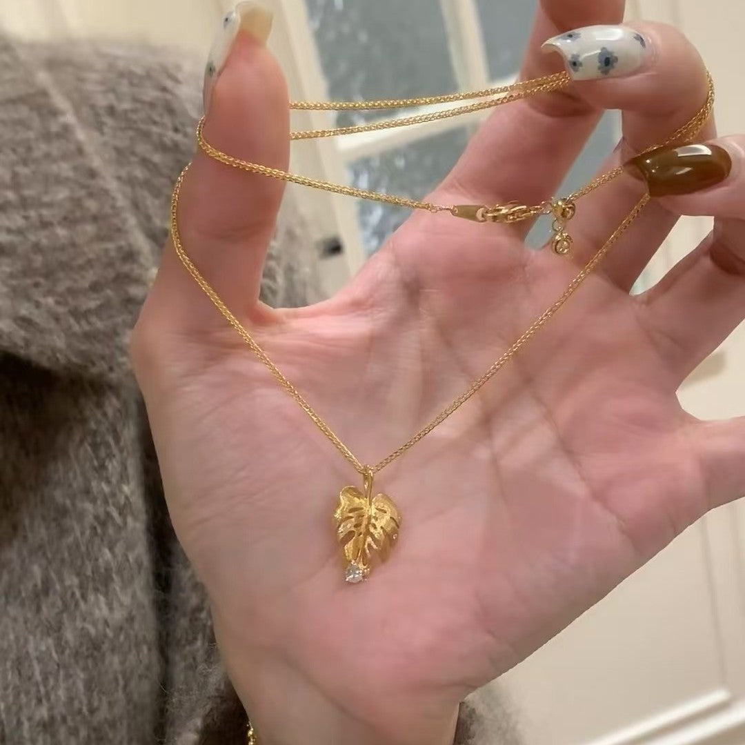 Pure Silver S925 Vintage Brushed Craft Monstera Leaf Pendant Necklace Exquisite High-end Niche Design Collarbone