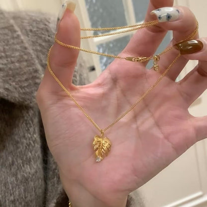 Pure Silver S925 Vintage Brushed Craft Monstera Leaf Pendant Necklace Exquisite High-end Niche Design Collarbone