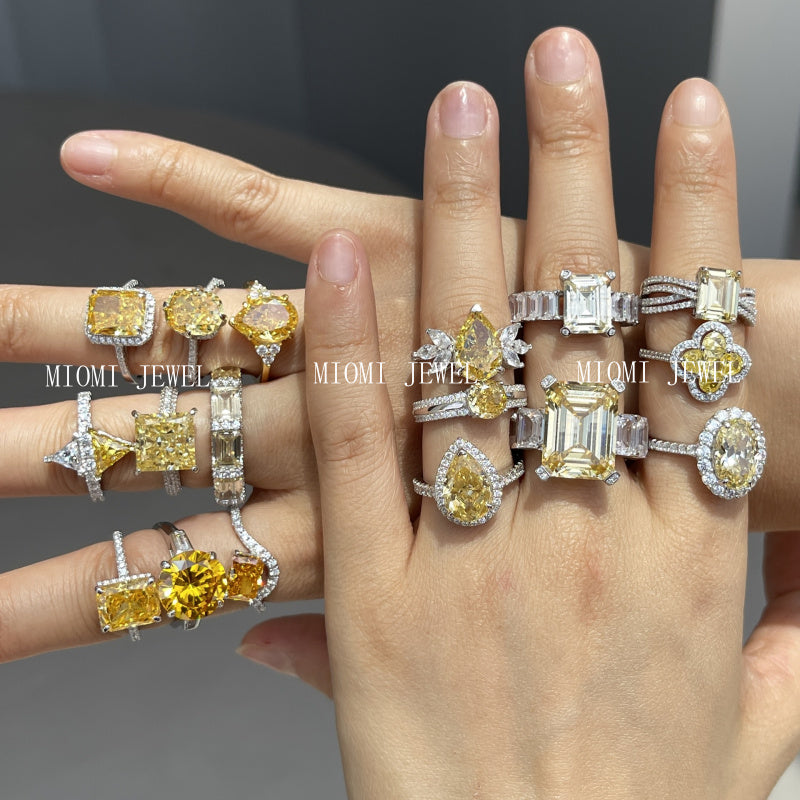 Cross-Border Hot S925 Sterling Silver Yellow Diamond Ring Female Noble Super Flash Ice Flower Cut High Carbon Diamond 8A Zircon Ring