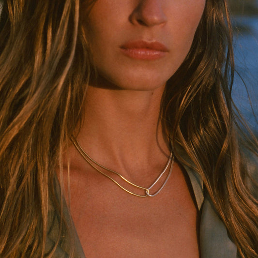 18K Gold Stainless Steel Gold and Silver Color Block Flat Snake Bone Chain Necklace INS Minimalist Style Unique Design Titanium Steel Necklace