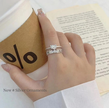 Sterling Silver S925 Bear Gingerbread Man Ring Cute Fresh Bear Creative Design Open Ring Index Finger Ring