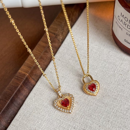 Brushed Craft Heart-shaped Ruby Heart Necklace Niche Luxury Sparkling Diamond Brushed Heart Necklace for Women Ins Super Fairy