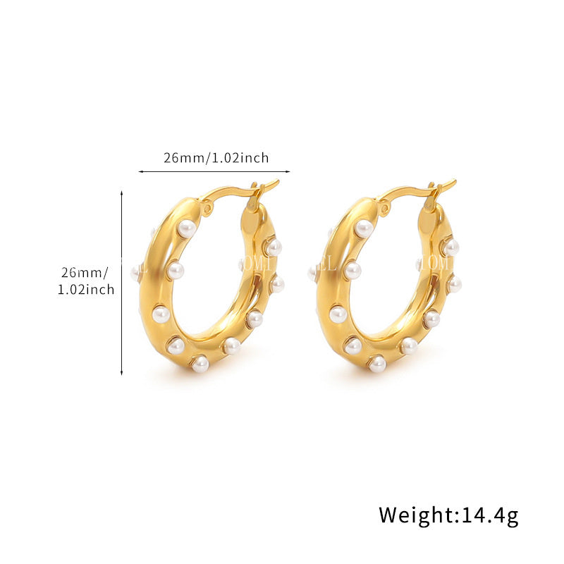 18k Gold Inlaid Pearl Circle Earrings Light Luxury High-end Feel Non-fading Titanium Steel Water Drop C-shaped Ear Jewelry