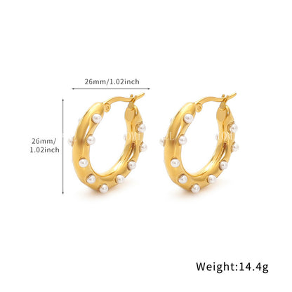 18k Gold Inlaid Pearl Circle Earrings Light Luxury High-end Feel Non-fading Titanium Steel Water Drop C-shaped Ear Jewelry
