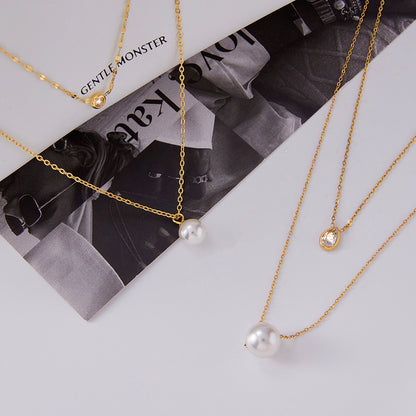 Titanium Steel Imitation Pearl Necklace Light Luxury High-end Clavicle Chain Stainless Steel Jewelry Zircon Jewelry