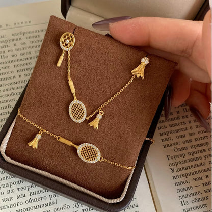Pure Silver S925 Brushed Craft Badminton Necklace Bracelet Earrings Set Light Luxury High-end Fashion Versatile