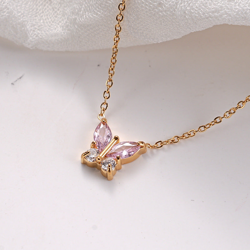 Titanium Steel 18K Vacuum Plated Colorful Zircon Necklace for Women High-End Light Luxury Micro-Paved Zircon Necklace Butterfly Design