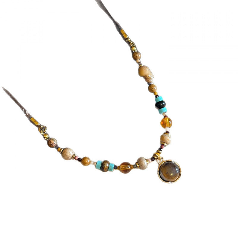 natural Tiger Eye Stone Heart Beaded Necklace Vintage Autumn Winter Elegant Simple Collarbone Chain