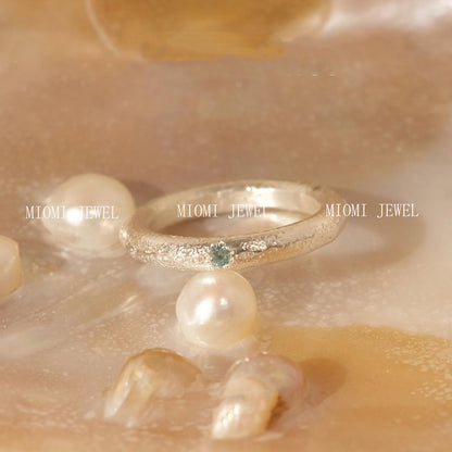 S925 Sterling Silver Brushed Aquamarine Ring for Women, Simple Style, Niche Design, Unique Matte Texture Index Finger Ring