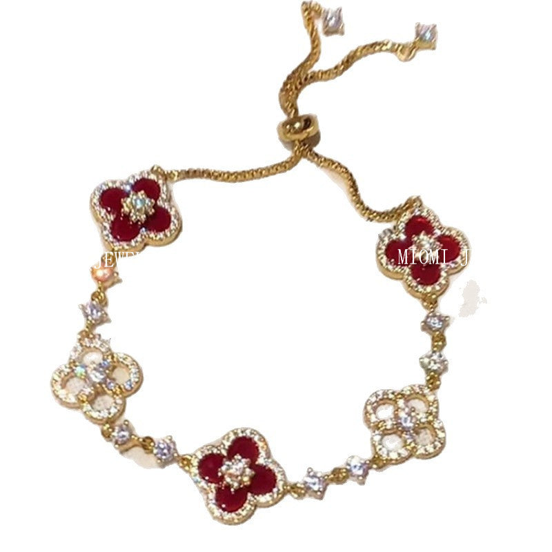 E-commerce Four-leaf Clover Bracelet Micro-inlaid Zircon Pink Mother-of-Pearl New Sweet Light Luxury Elegant Niche Design Jewelry