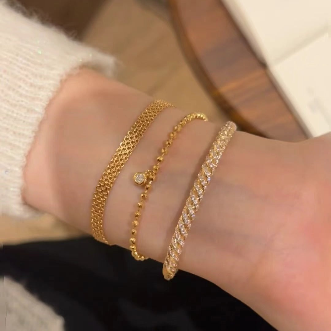 Vintage Style Pure Silver S925 Real Gold Plated High Carbon Diamond Bubble Laser Bead Bracelet Push-Pull Adjustable Bracelet