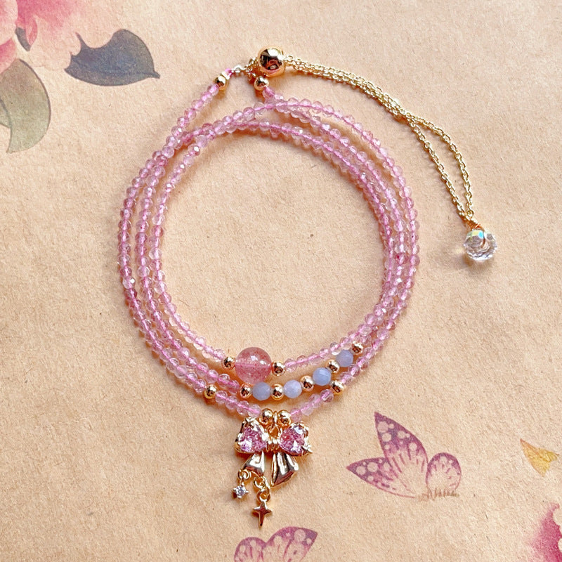 Natural Faceted Strawberry Quartz with Aquamarine Multi-layer Three-circle Bracelet and Necklace Dual-use