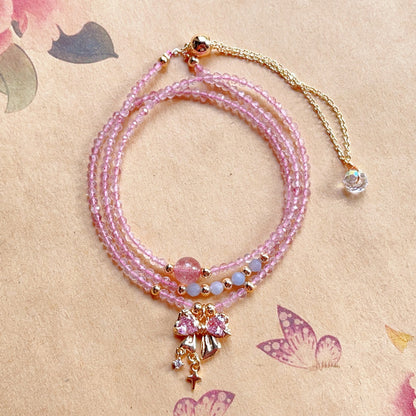 Natural Faceted Strawberry Quartz with Aquamarine Multi-layer Three-circle Bracelet and Necklace Dual-use