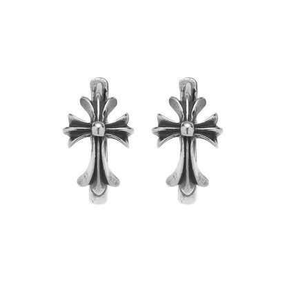 Sterling Silver S925 Cross Pendant for Men and Women Couples Trendy Punk Dongdaemun Vintage Stud Earrings Hoop Earrings