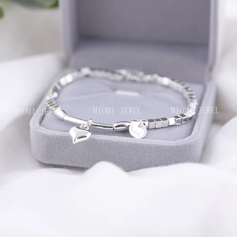 Full S990 Sterling Silver Heart Pendant Bracelet Niche Design Trendy Broken Silver Best Friend Jewelry Gift