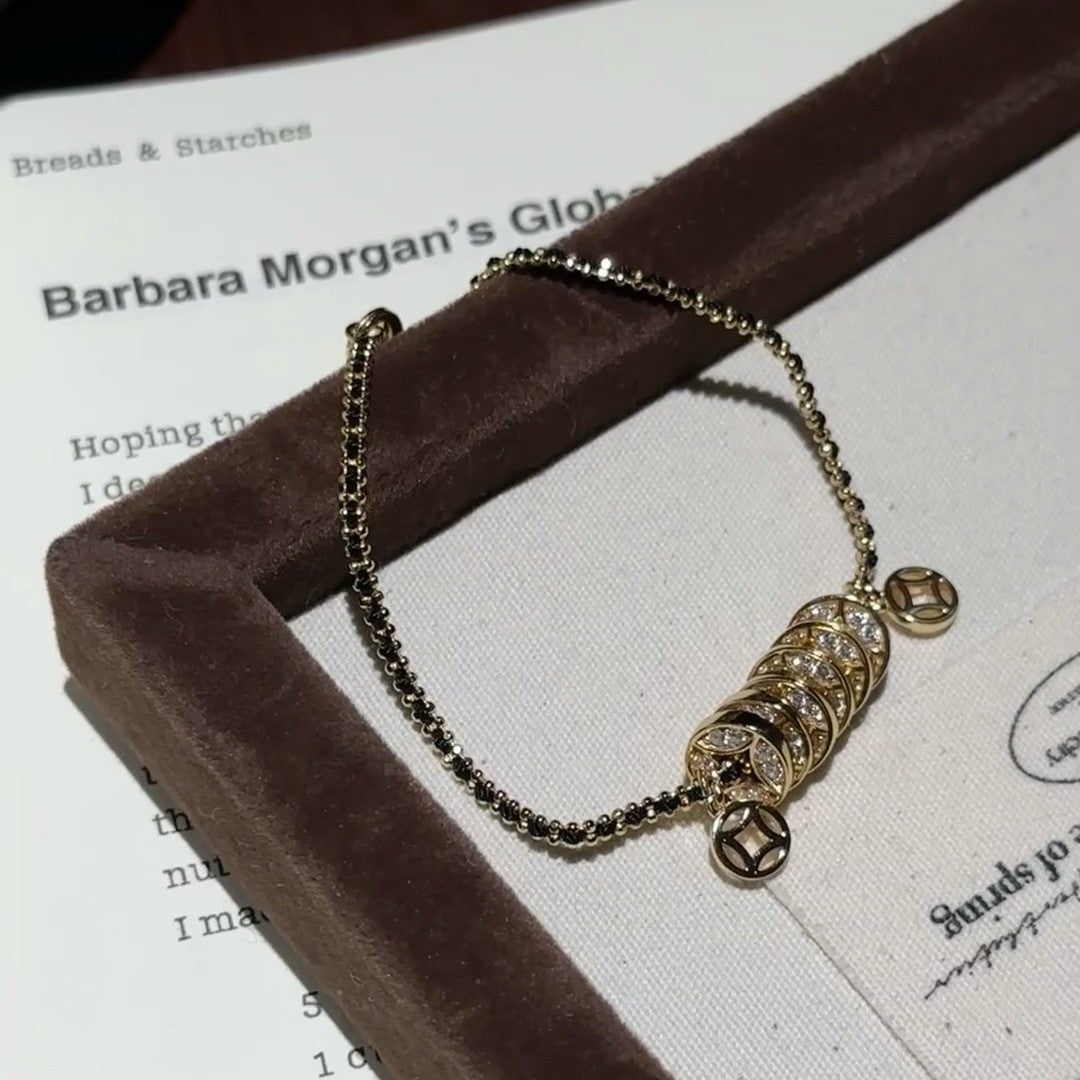 Pure Silver S925 Black Gold Bracelet Money Abundance Gold Coin Bracelet Black Rope Weaving
